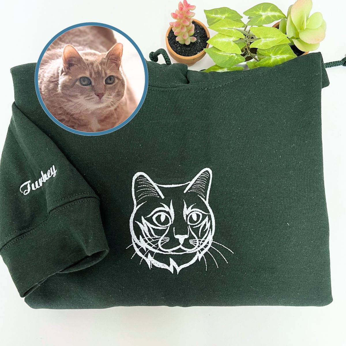 Cat Line Art Embroidered Hoodie